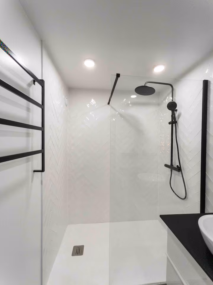 Modern bathroom with clean white fixtures and contemporary design